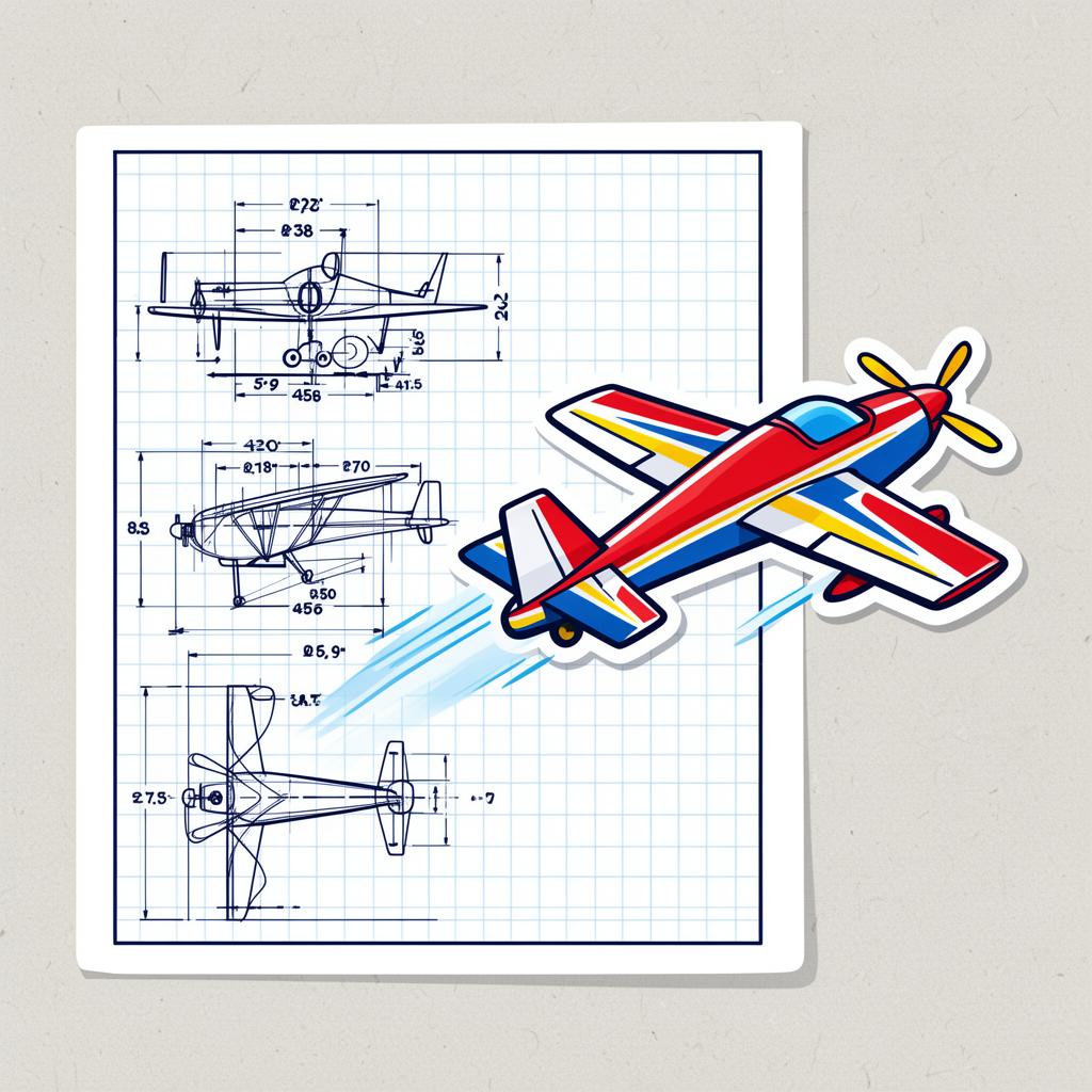 An RC airplane blueprint morphing into a finished red and blue toy plane