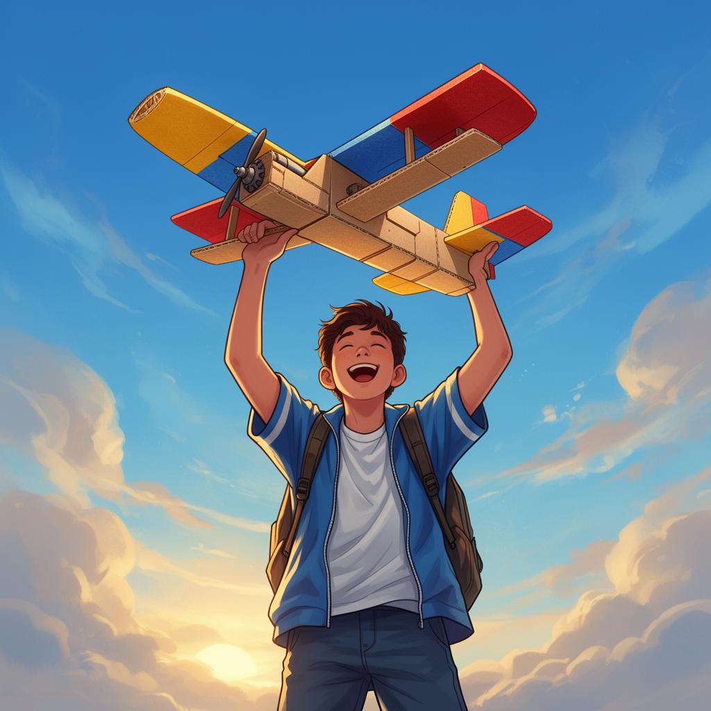A happy student holding up a self-built RC plane against the sky